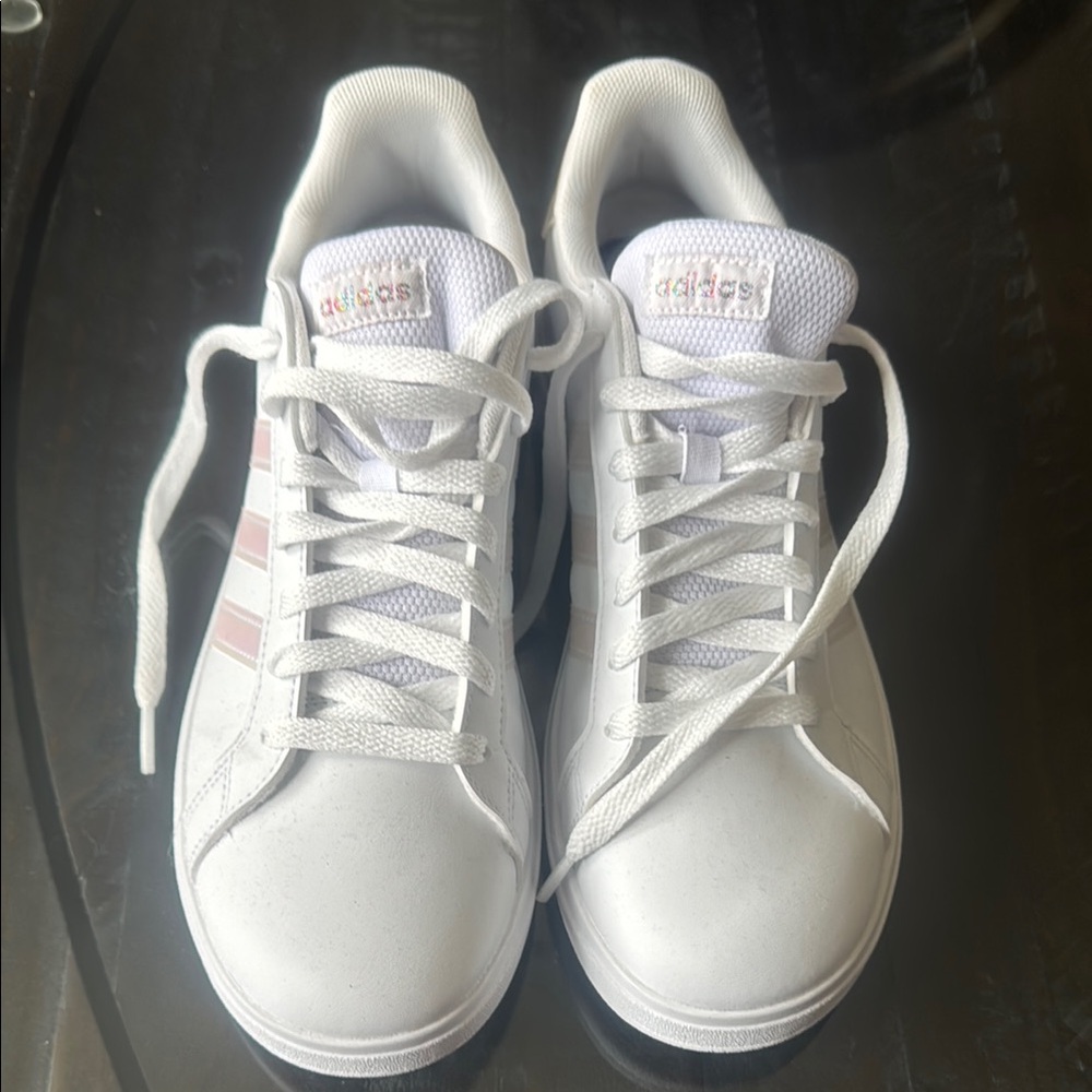adidas Kids Sneakers White and Irridescent Pink Stripes
